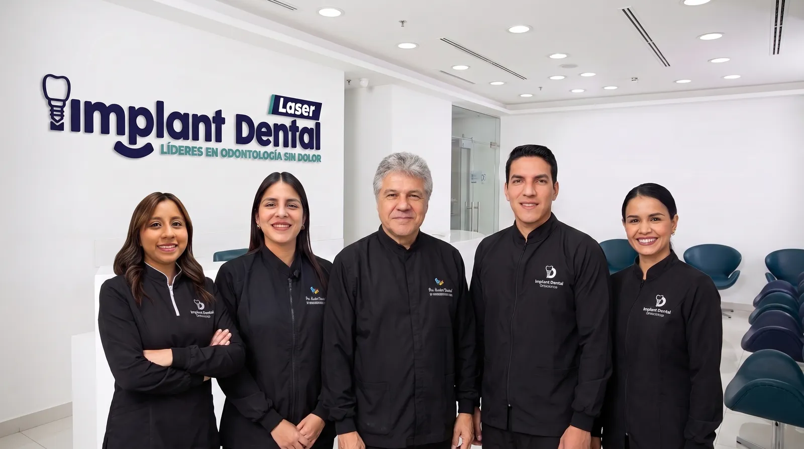 Equipo de especialistas de Implant Dental con uniforme negro en la recepción de la clínica